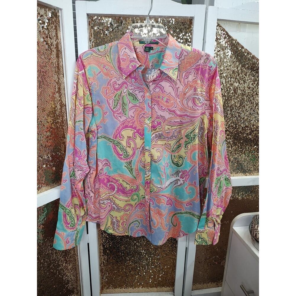 Lauren Ralph Lauren colorful rainbow paisley floral cotton button up top M